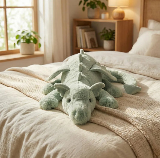 Long Green Dragon Plush Toy with Wings - Handmade Mythical Stuffed Animal - Soft Fantasy Creature Decor