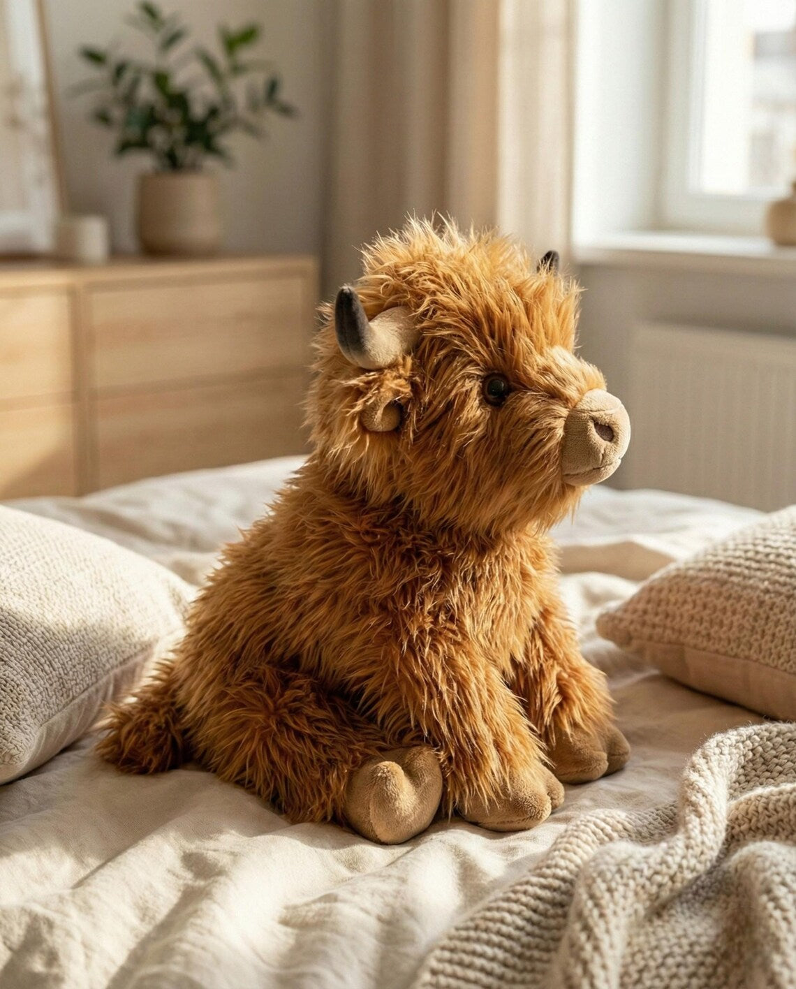 Fluffy Highland Cow Plush Toy - Realistic Scottish Coo Stuffed Animal - Soft Ginger Farm Animal Decor