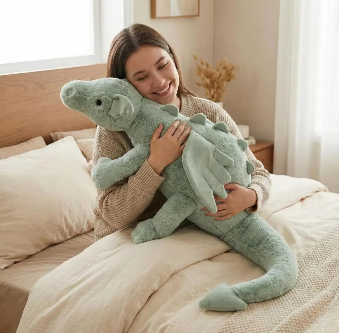 Long Green Dragon Plush Toy with Wings - Handmade Mythical Stuffed Animal - Soft Fantasy Creature Decor