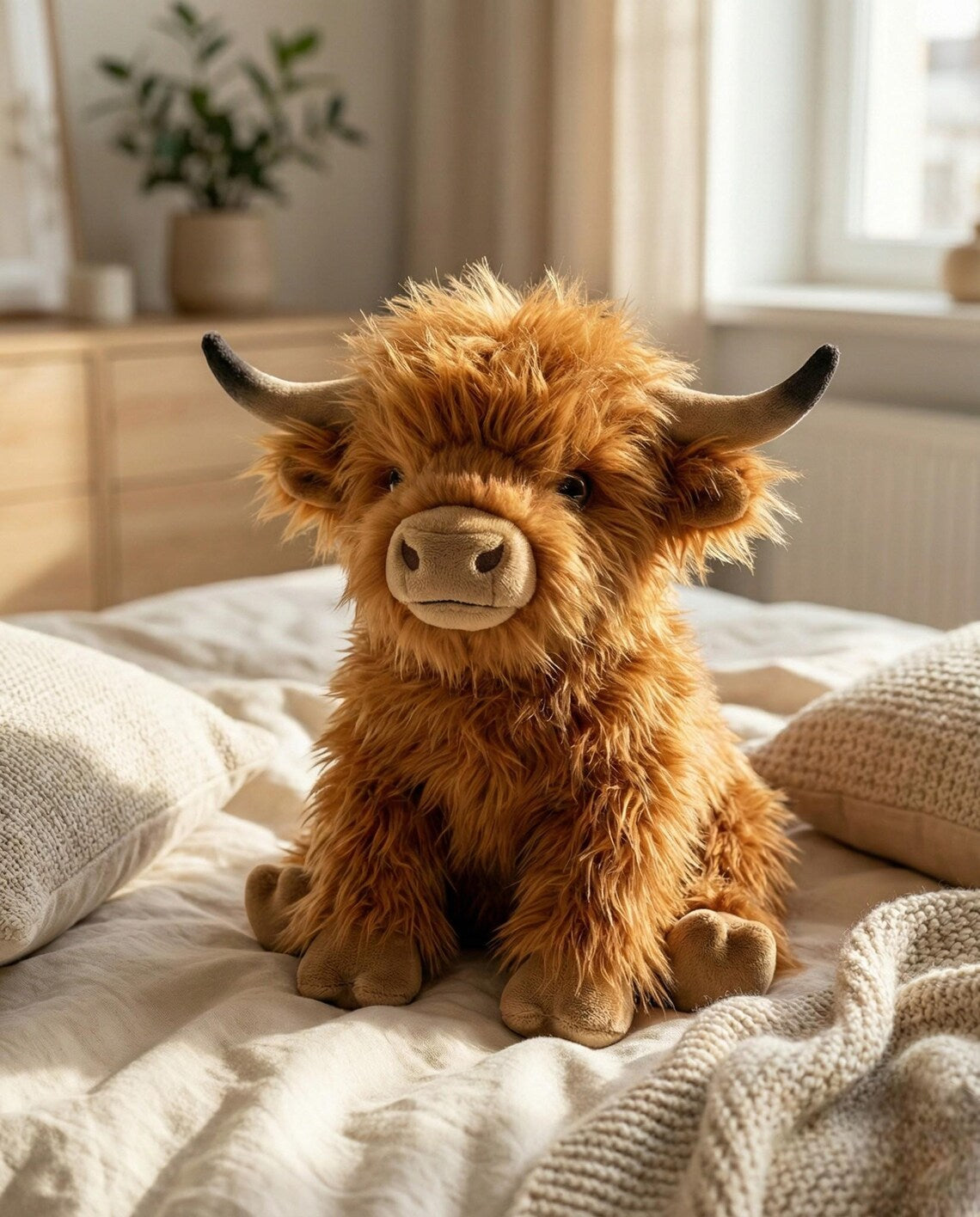 Fluffy Highland Cow Plush Toy - Realistic Scottish Coo Stuffed Animal - Soft Ginger Farm Animal Decor