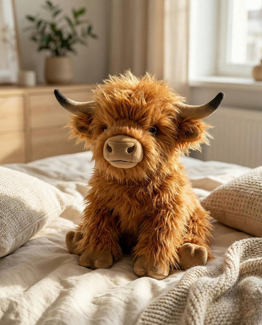 Fluffy Highland Cow Plush Toy - Realistic Scottish Coo Stuffed Animal - Soft Ginger Farm Animal Decor