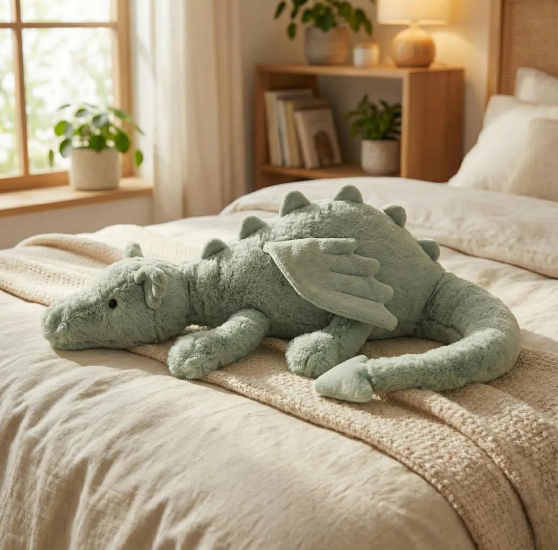 Long Green Dragon Plush Toy with Wings - Handmade Mythical Stuffed Animal - Soft Fantasy Creature Decor