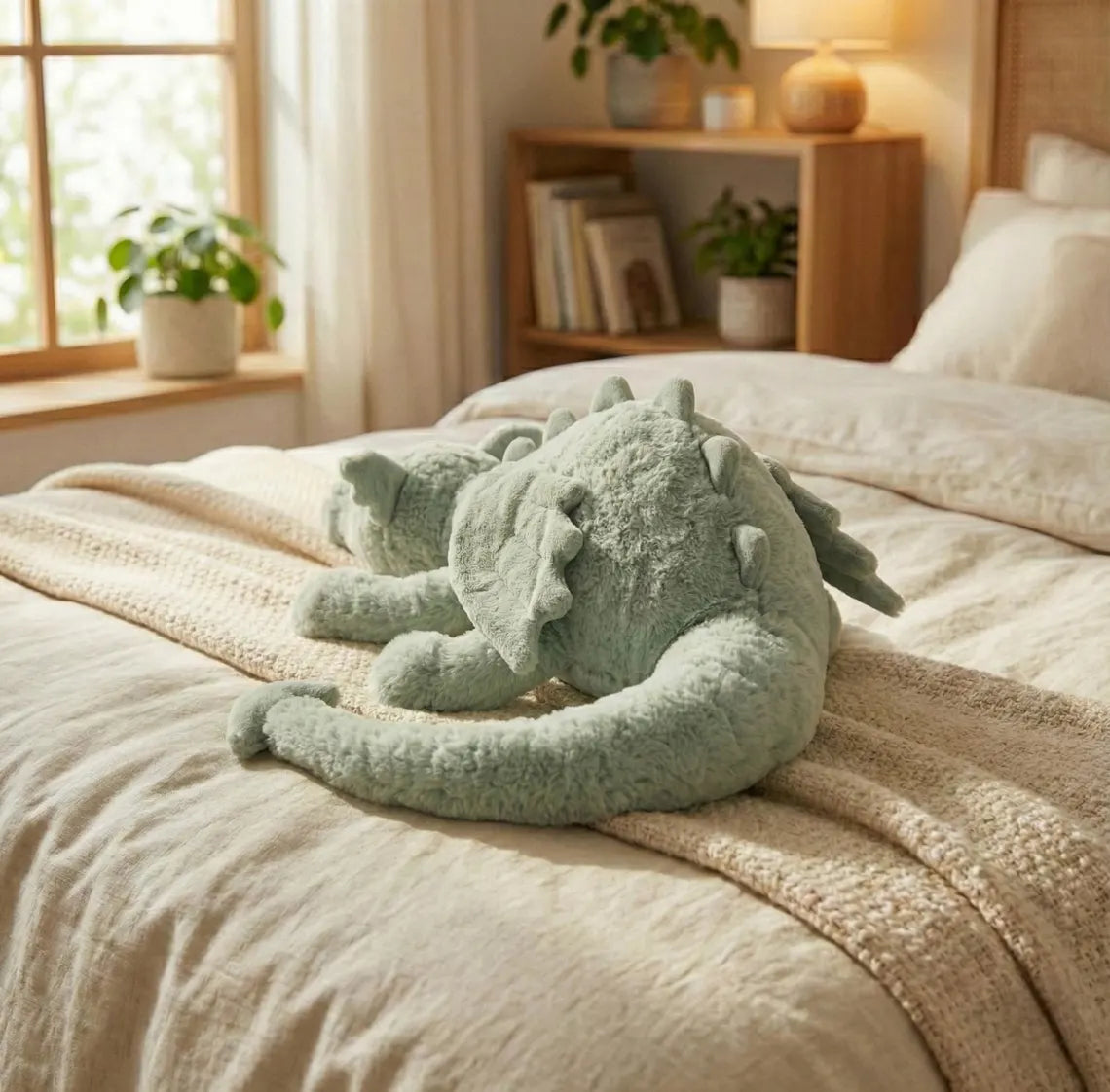 Long Green Dragon Plush Toy with Wings - Handmade Mythical Stuffed Animal - Soft Fantasy Creature Decor