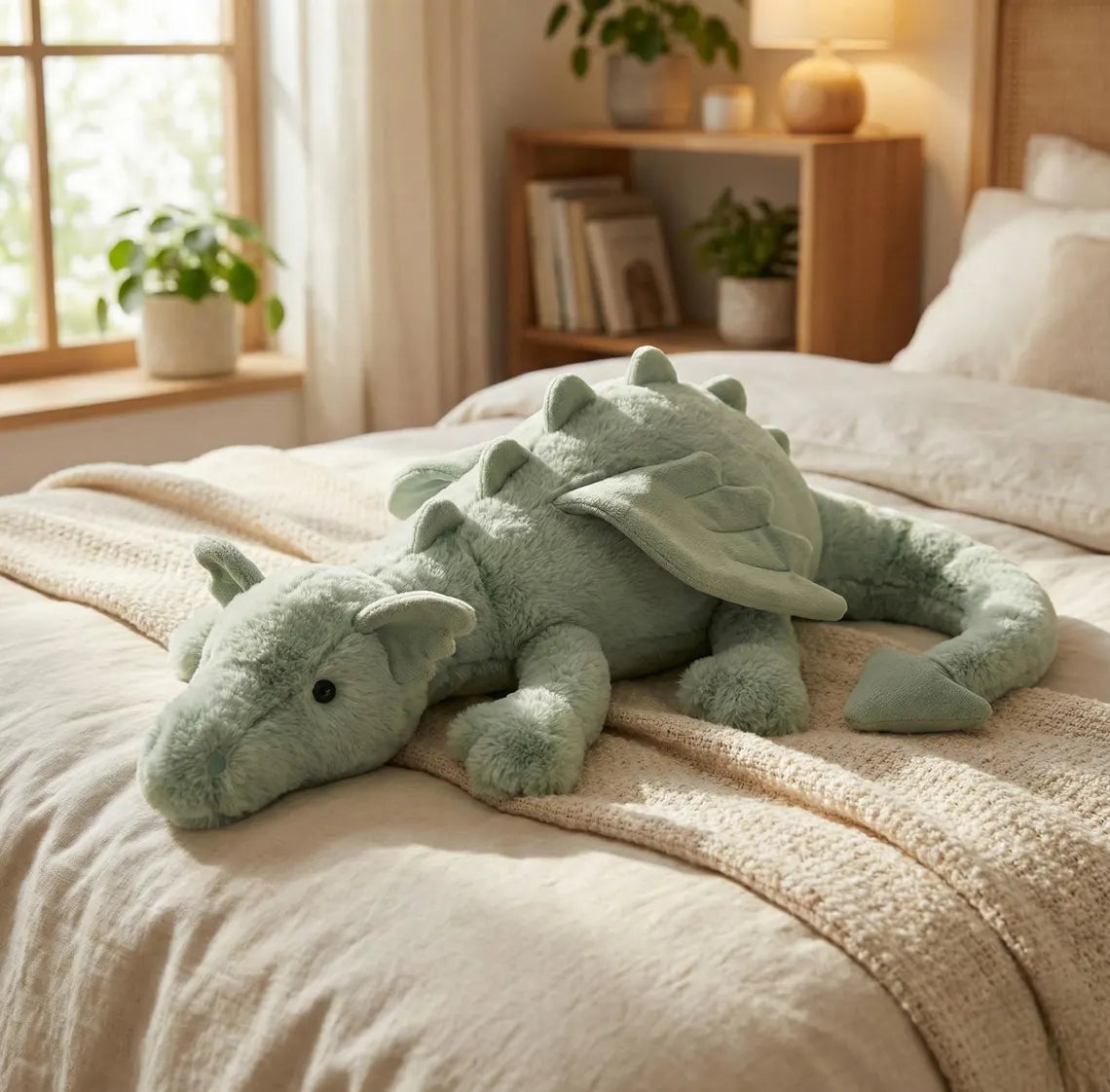 Long Green Dragon Plush Toy with Wings - Handmade Mythical Stuffed Animal - Soft Fantasy Creature Decor